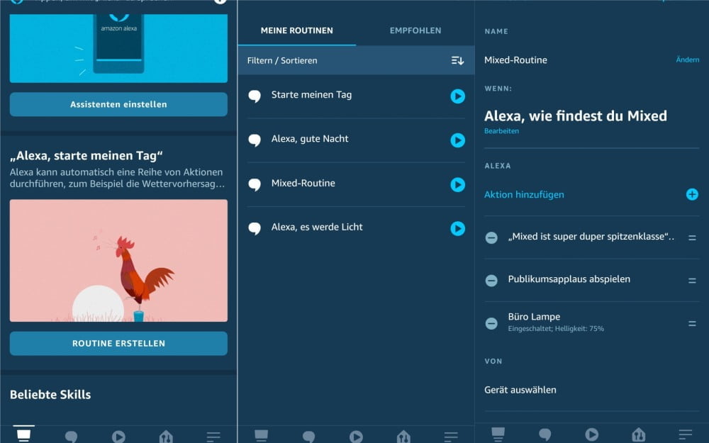 Screenshots aus der Alexa App, die das Einrichten der Routinen zeigen.