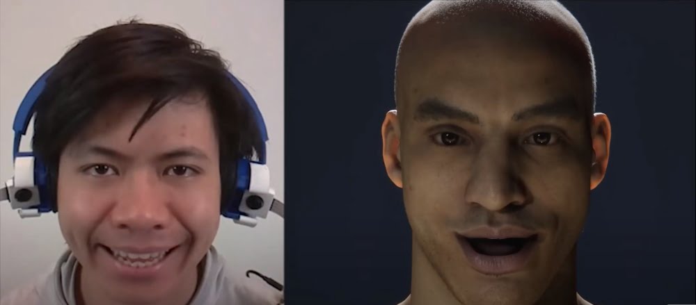 Die Mimik des Nutzers links wird durch C-Face auf einen virtuellen Avatar übertragen.