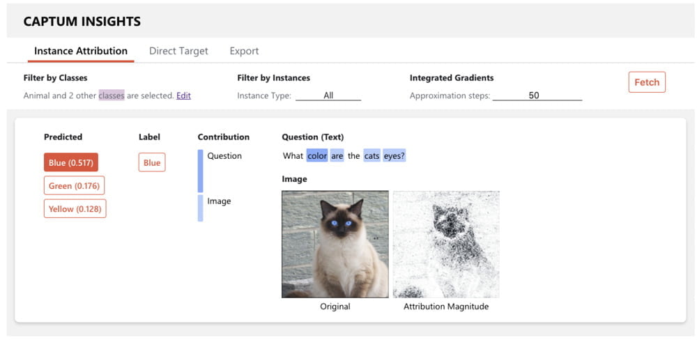 Captum Insights zeigt, wie die KI die Frage versteht und welche Pixel ihre Angabe der Augenfarbe beeinflussen. Bild: Facebook.