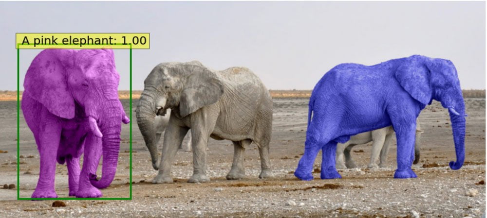 Drei Elefanten, einer pink mit Erkennungsbox