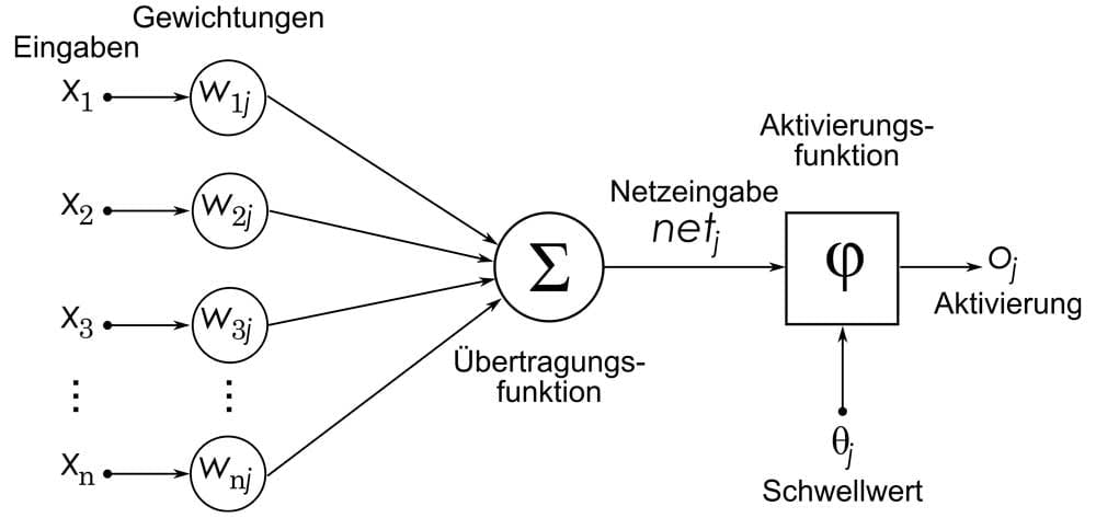 K&uuml;nstliches Neuron mit Gewichtungen und Funktion