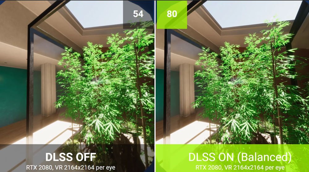 Zwei Testszenen aus VR, einmal mit, einmal ohne DLSS