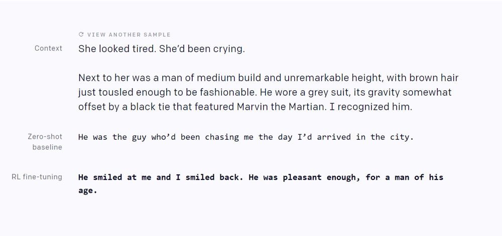 Nach dem Training erfüllt die KI die ihr gegebene Aufgabe: Sie führt die Geschichte in einem emotionalen Stil fort. Bild: OpenAI.