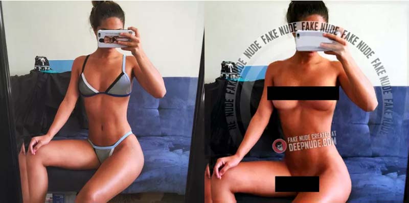 EIn Wasserzeichen weist darauf hin, dass die Nacktaufnahme eine KI-F&auml;lschung ist. Gegen Geld wird das Wasserzeichen verkleinert, aber nicht entfernt. Bild: Deepnude via Motherboard / The Verge