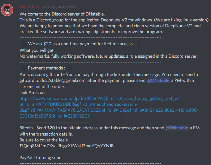 Bei Discord wurde eine angeblich weiterentwickelte Version der Deepnude-App f&uuml;r 20 US-Dollar angeboten. Screenshot: via Motherboard