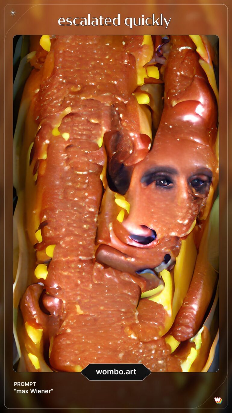 Ungefilterte KI-Kunst ist mitunter etwas hart f&uuml;r die Augen - hier ein Wiener W&uuml;rstchen gepaart mit einem Wiener Dog, einem Dackel.