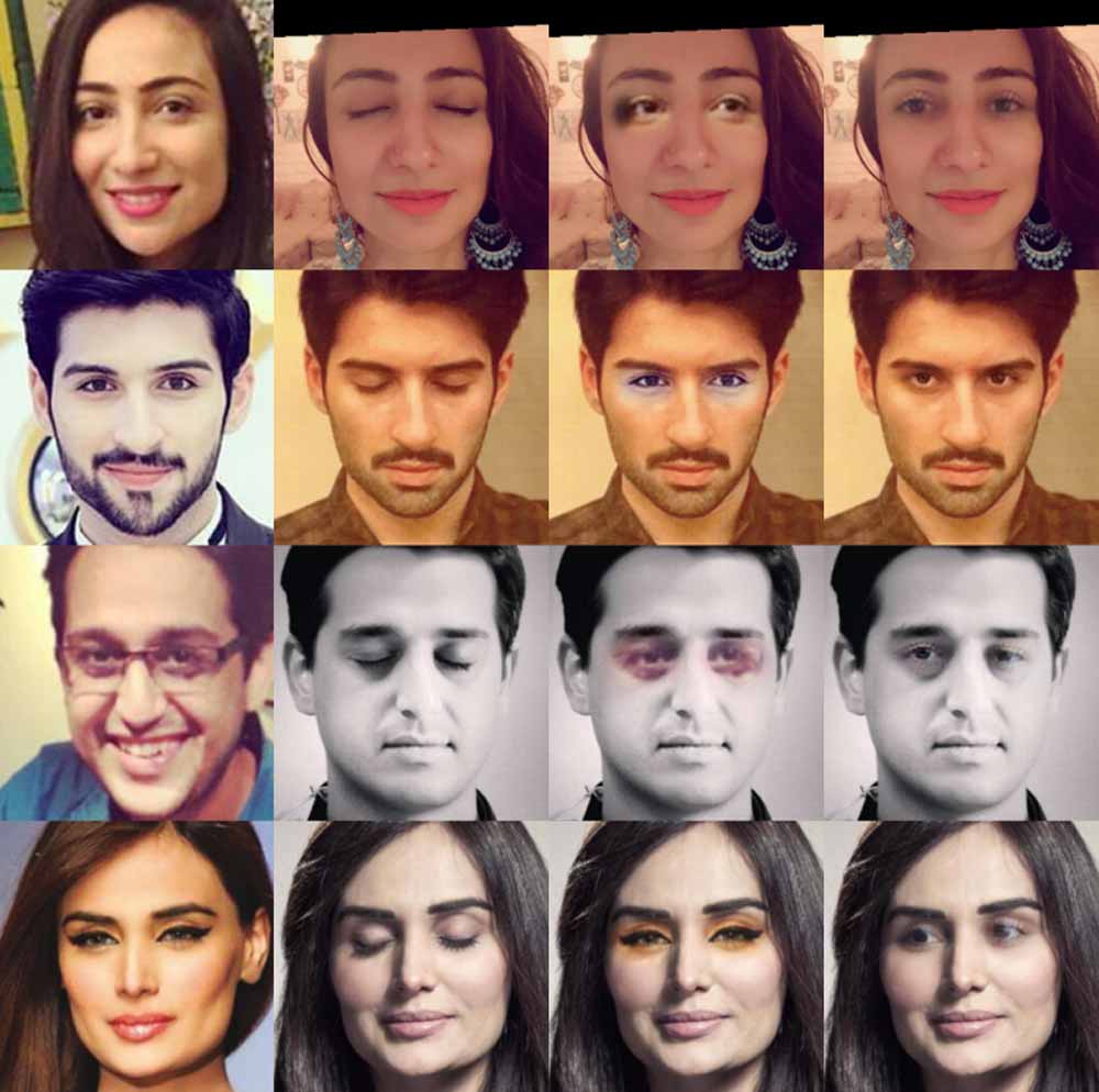 Ganz links ist das Trainingsbild, dann folgt das zu verändernde Foto, das Adobe-Ergebnis und ganz rechts das durch die Facebook-KI angepasste Foto. Bild: Facebook