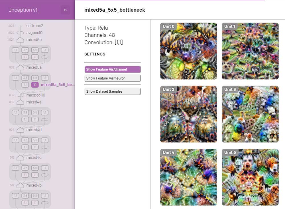 Das Bildanalysemodell Inceptionv1 unter dem OpenAI Microscope: Der Blick in einzelne Neuronen ist manchmal etwas unheimlich. Praktisch für wissenschaftliche Diskussionen ist die direkte Verlinkung. Bild: OpenAI (Screenshot)