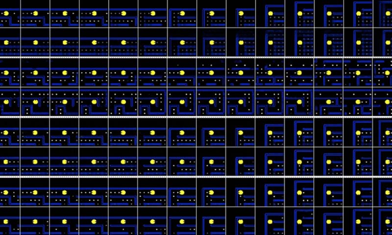 Nvidias GameGAN-KI sah einer Spiele-KI 50.000 Stunden beim Pac-Man zocken zu und protokollierte parallel die Bewegungseingaben. So lernte sie, das Videospiel visuell Bild f&uuml;r Bild interaktiv zu klonen - ohne Zugang zum Quellcode. Bild: Nvidia