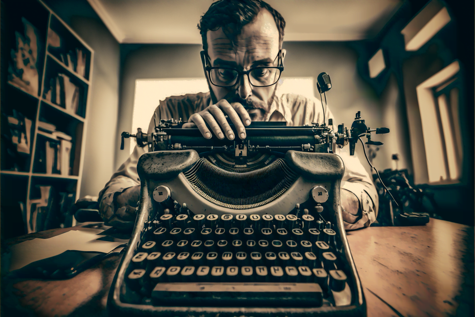 Eine Schreimaschine ist groß im Bild, dahinter ist ein Redakteur, der in Gedanken ist und den Blick nach unten richtet. Das Bild wirkt fotorealistisch, ist aber KI-generiert.