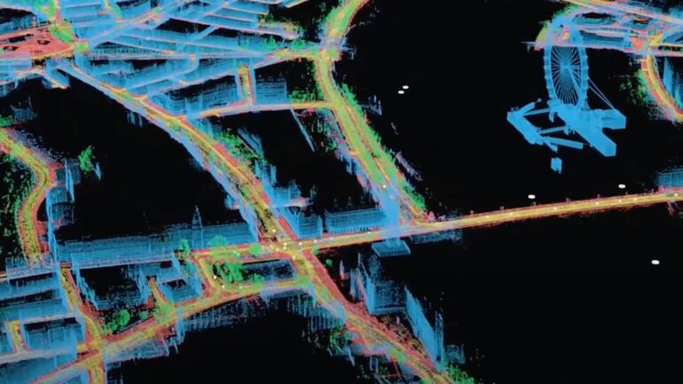 A wireframe representation of Google Maps Immersive View.