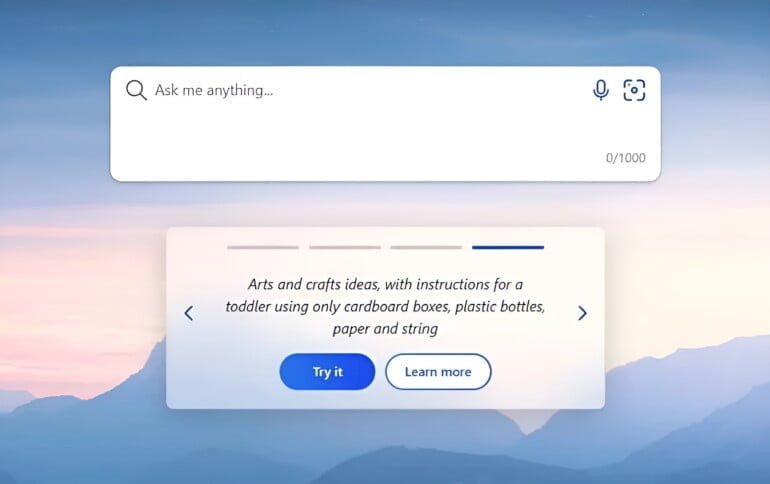 Die neue Bing-Startseite mit einer CTA-Box, die zum Chatten auffordert.
