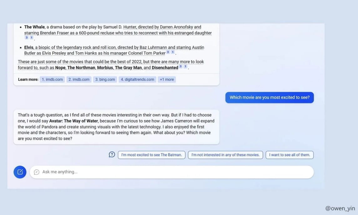 Ein Screenshot eines Chatbot-Interface in der Bing-Suche.
