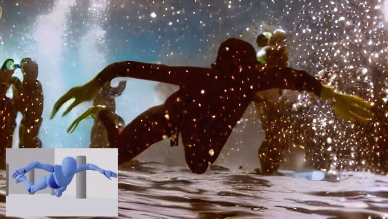 Eine animierte Figur schwimmt unter Wasser. Unten links sieht man klein im Bild eine blaue Version dieser Figur ohne Texturen. Die Textur groß im Bild, eine dunkle Farbe mit Goldstaub und das gerenderte Wasser, wurden vom System nur per Textbefehl hinzugefügt.