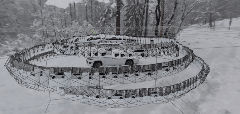 A Screenshot from Nerfstudio. A Car in the snow is visible with pictures of it around it.