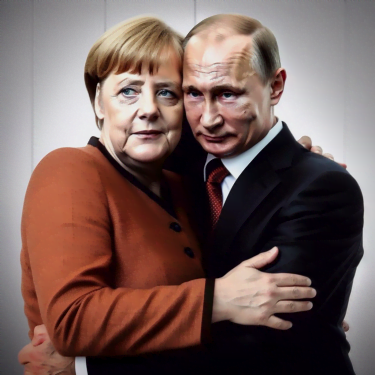 Synthetisch generiertes Bild von Merkel und Putin, die einander im Arm halten. Dieses Bild ist eine KI-Fälschung.