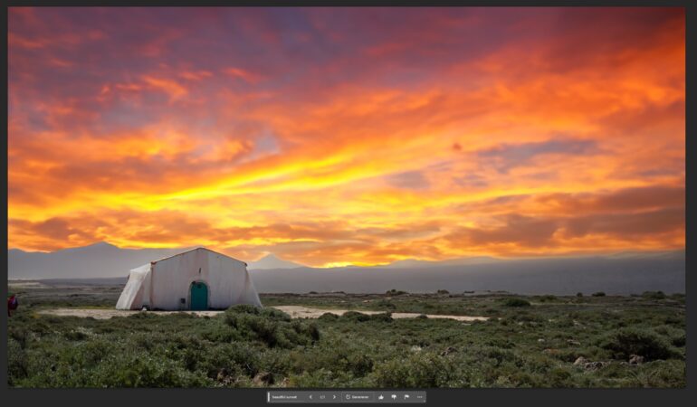 Ein spektakulärer Sonnenuntergang über einem Wüstenzelt.