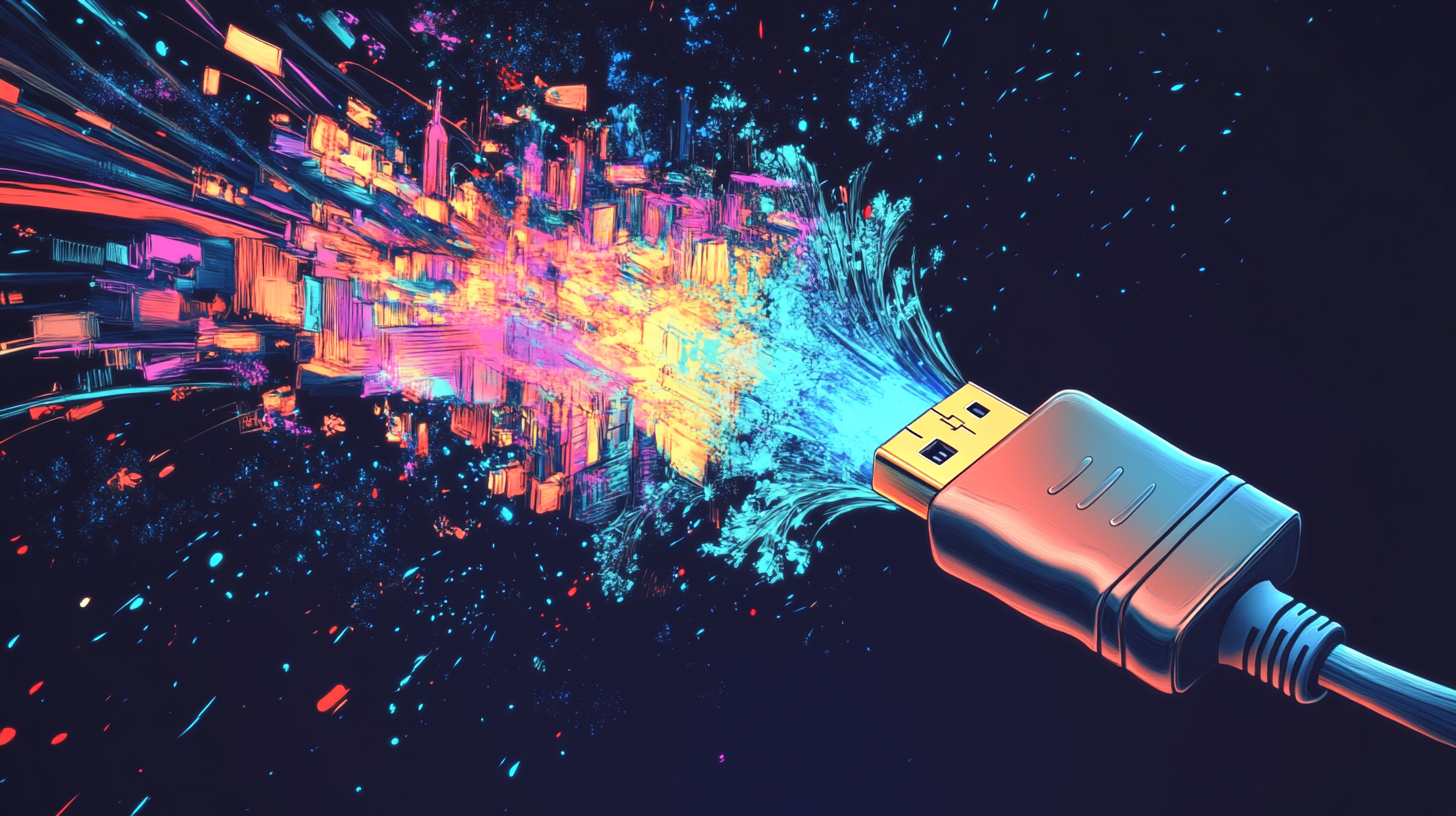 A detailed close-up hand-drawn illustration of an HDMI cable emitting vibrant images. The cable is shown in sharp focus, with colorful images emerging from its end, depicting various scenes such as nature landscapes, urban environments, and abstract patterns. The background is completely black to emphasize the glowing images, highlighting the dynamic flow of visuals coming from the cable. The overall style is modern and digital, showcasing the connectivity and multimedia capabilities of the HDMI technology.