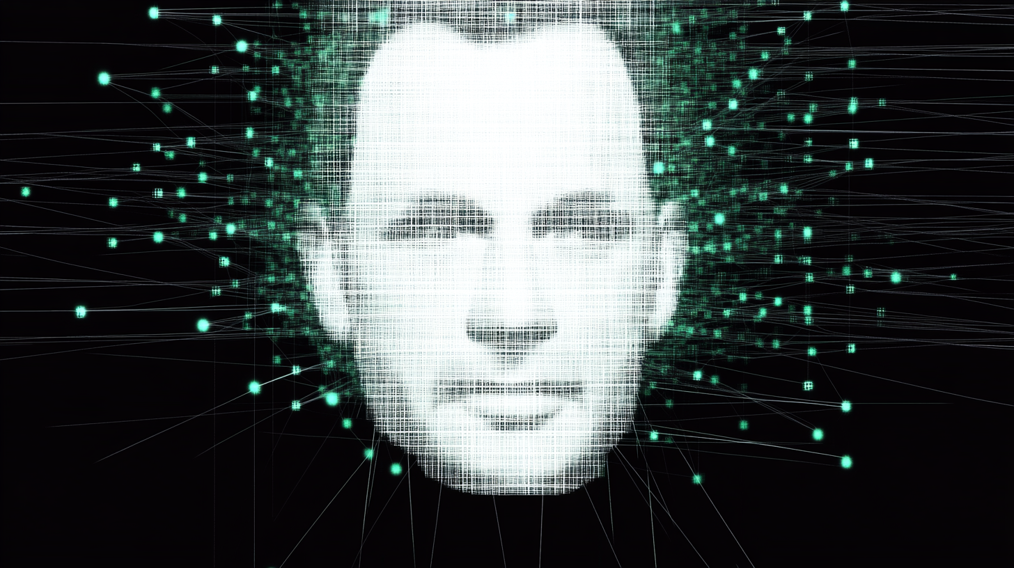 Illustration of Tom Hanks face being generated within an artificial neural network.