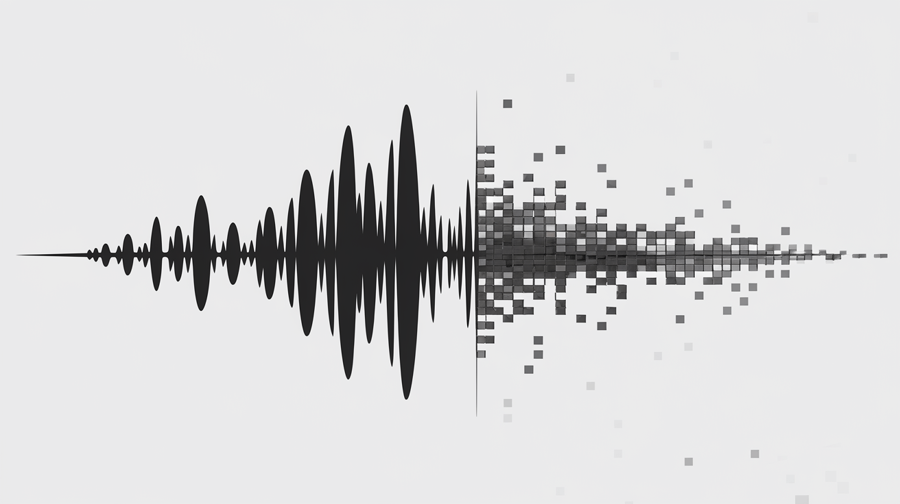 A representation of an audio wave, capturing the essence of sound in visual form. The first half of the wave is smooth and sleek, representing a clear, uninterrupted sound. In contrast, the second half appears pixelated and distorted, symbolizing a disrupted or garbled sound.