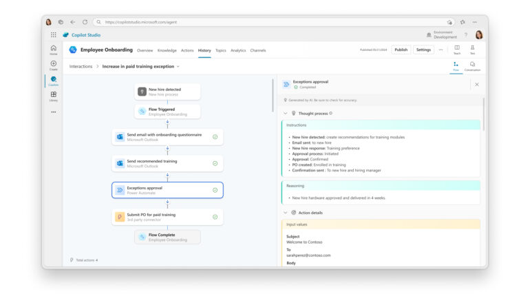 Copilot Studio-Oberfläche: Workflow für Mitarbeiter-Onboarding mit Aktionen wie E-Mail-Versand, Schulungsempfehlungen und Genehmigungen.