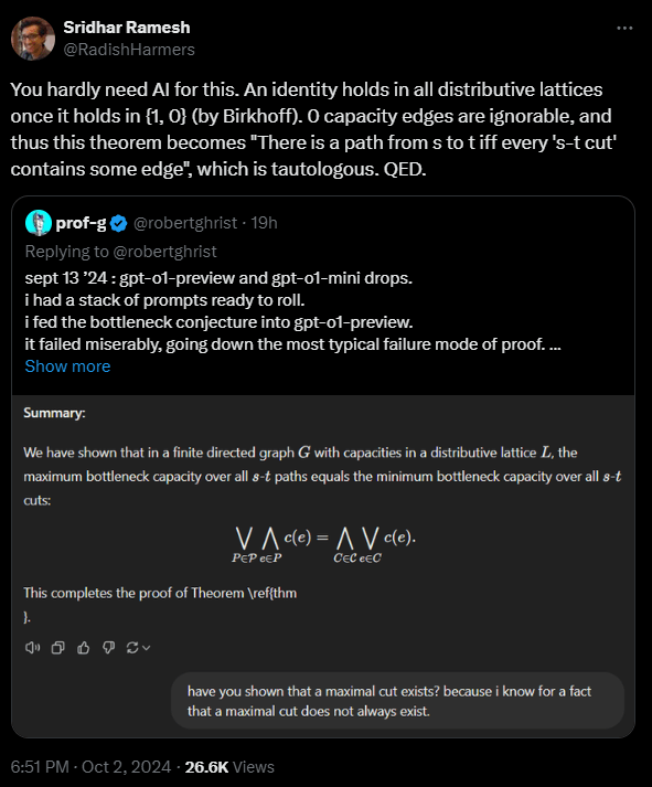 Twitter-Thread: Diskussion über KI-Anwendung bei mathematischen Beweisen, fokussiert auf distributive Gitter und Bottleneck-Kapazitäten in Graphen.