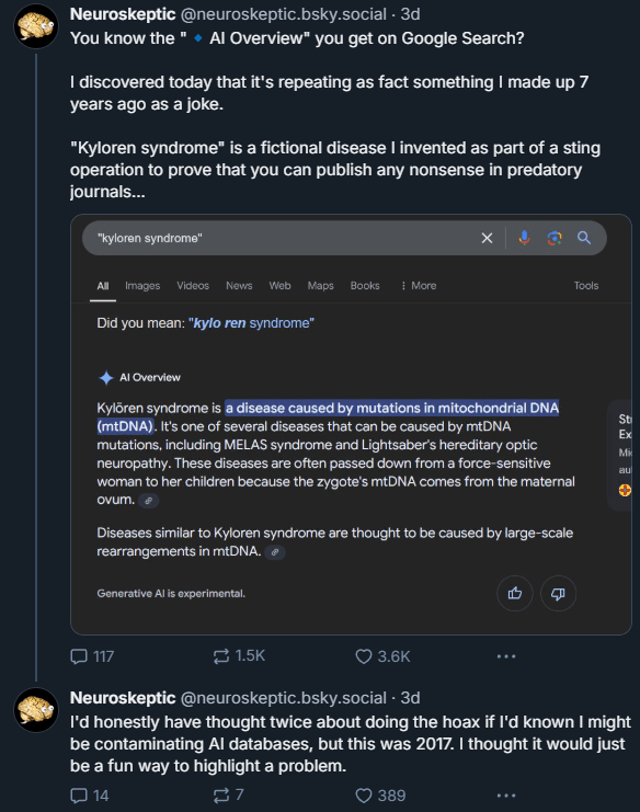 Screenshot eines Tweets und Google-Suchergebnisses zur fiktiven "Kyloren-Syndrom"-Krankheit, die als KI-generierter Fakt präsentiert wird.