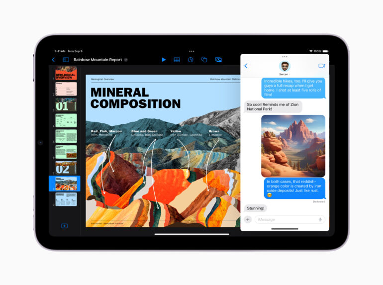 iPad zeigt geologische Präsentation der Rainbow Mountains mit farbcodierten Mineralzonen und begleitendem Chat-Interface zur Diskussion der Formationen.