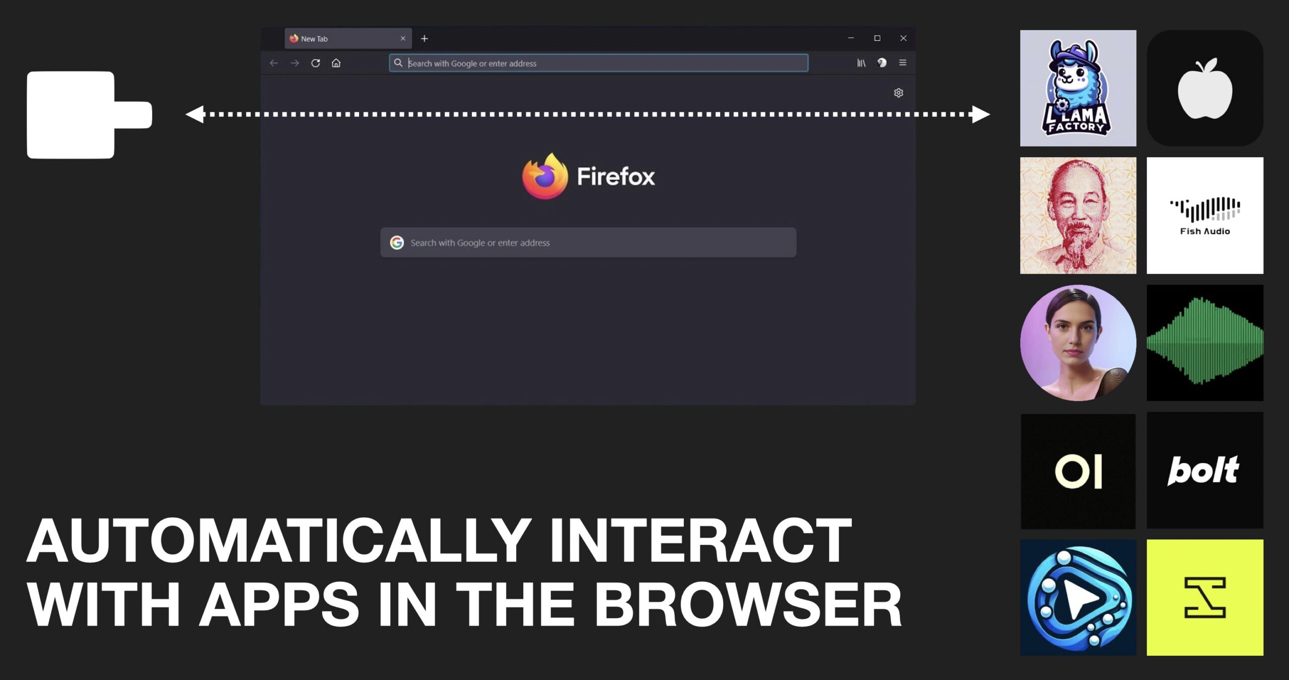 Screenshot: Firefox-Browser-Interface mit Google-Suchleiste und Firefox-Logo, umgeben von App-Icons zur automatisierten Interaktion.