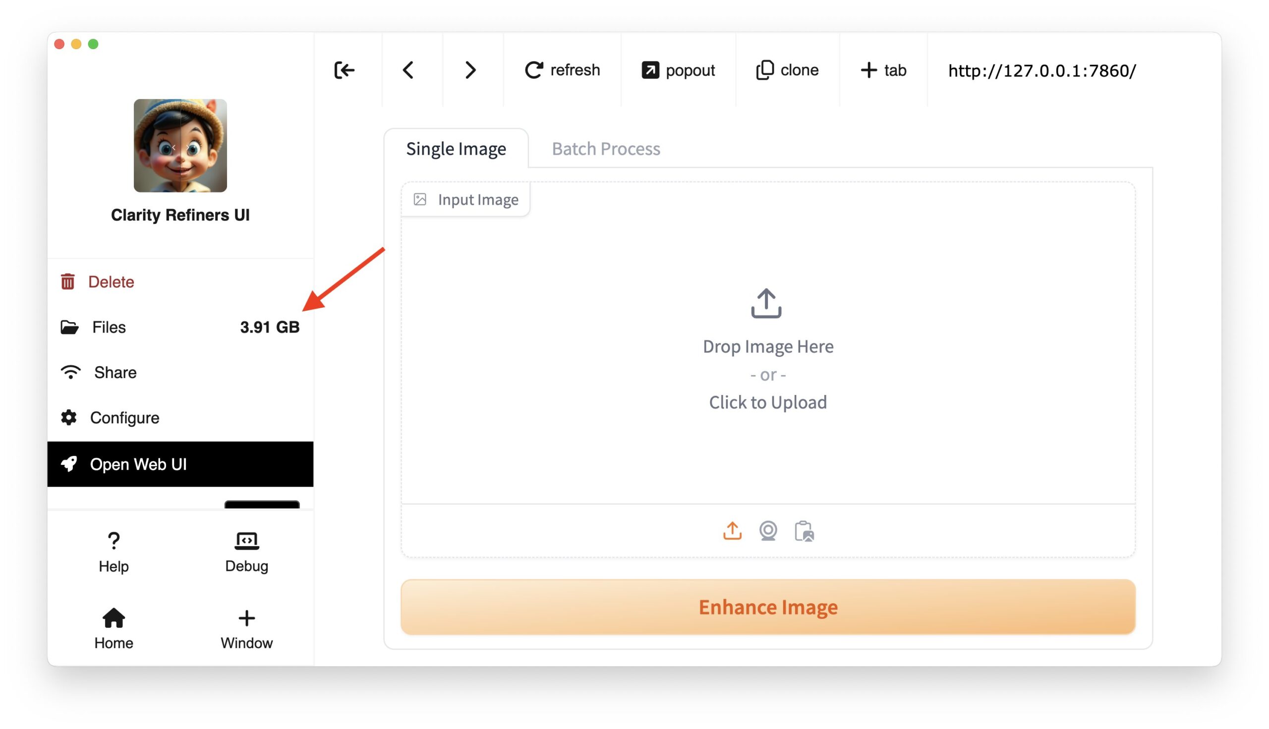Browserbasierte UI für Bildverbesserung mit Upload-Bereich, Navigationselementen und Konfigurationsoptionen, 3,91 GB Speicheranzeige.