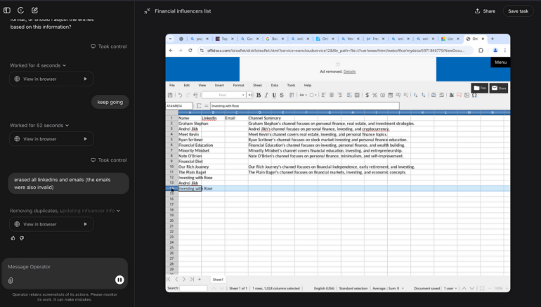 Tabellenansicht einer Spreadsheet-Datei mit Liste von Finanz-Influencern, deren Kontaktdaten und Kanalbeschreibungen zu verschiedenen Finanzthemen.