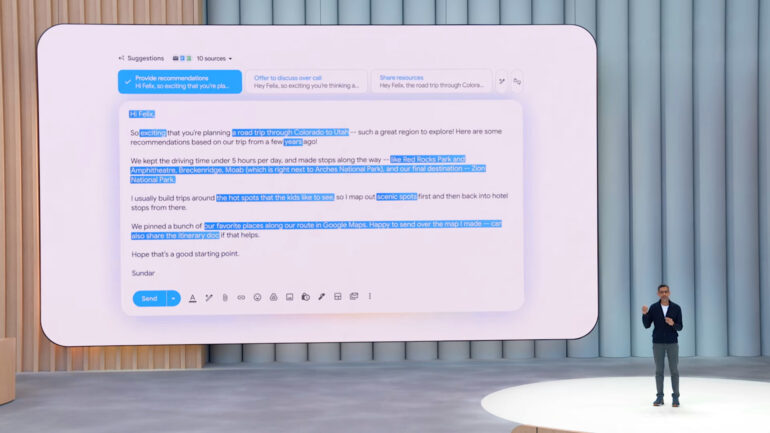 Sundar Pichai's example of an AI-generated email reply at Google I/O 2025.