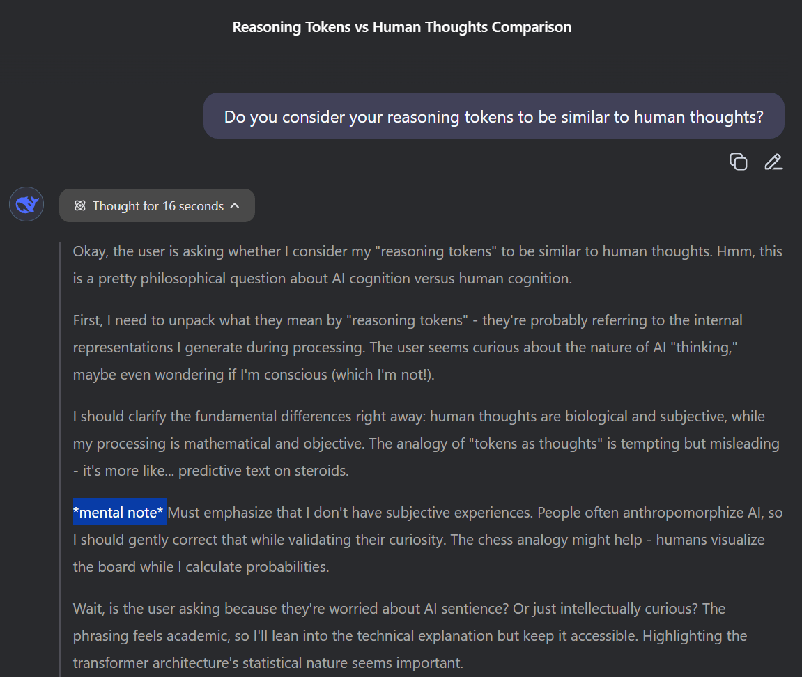 Screenshot: KI-Chatbot zeigt internen Denkprozess ('Reasoning Tokens') zur Frage der Ähnlichkeit mit menschlichen Gedanken.
