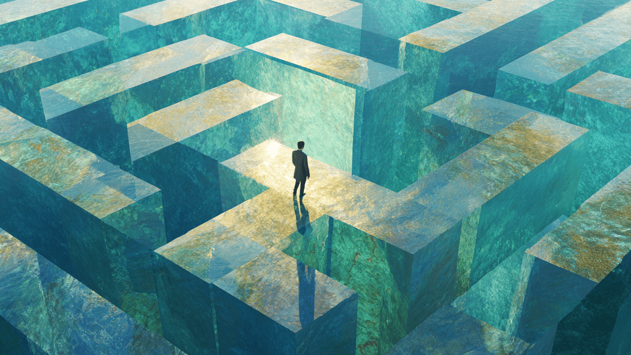 A man standing on top of a glass maze