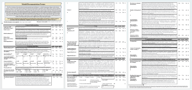 Dreiseitiges Formular zur Modelldokumentation mit Abschnitten zu allgemeinen Informationen, Methoden, Datenquellen und Validierungsdetails.
