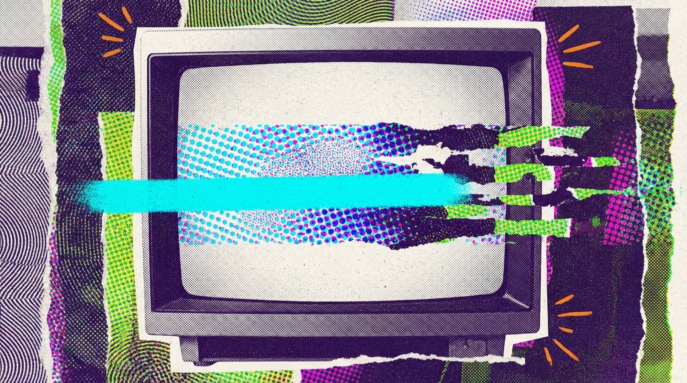 Retro-Illustration: Ein alter Röhrenfernseher in einer bunten Collage mit Glitch-Effekten und Pop-Art-Elementen.