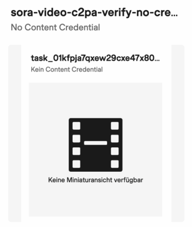 Screenshot der C2PA-Verifizierung eines Sora-Videos ohne Content Credentials. Die Meldung zeigt: "Kein Content Credential."